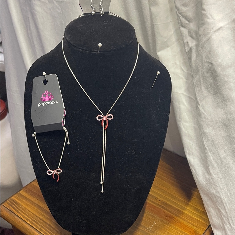 Paparazzi Silver Necklace with Red Bow With A Matching Bracelet